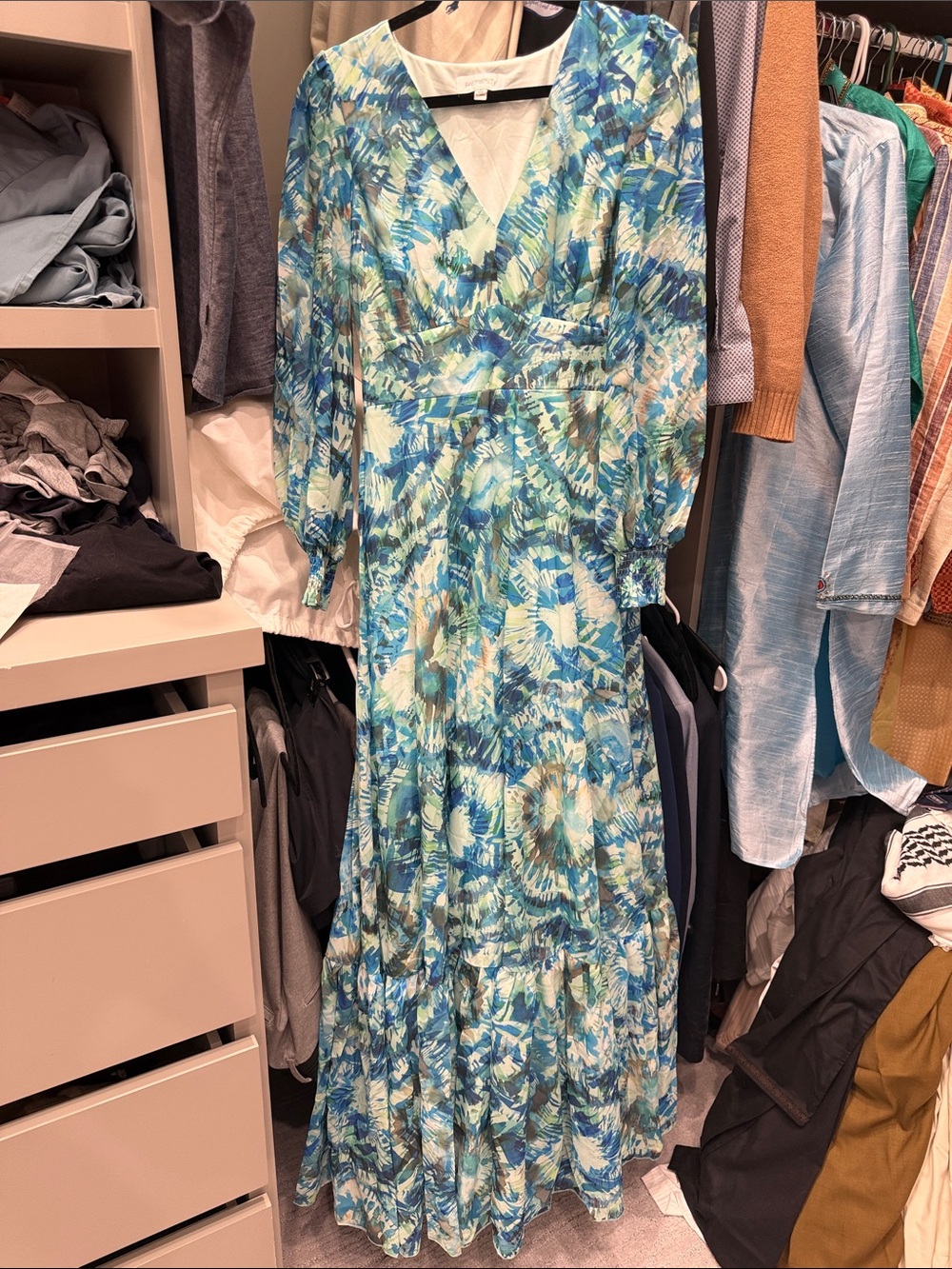 Long Blue-Green Floral Tiered Maxi Dress with V-Neck